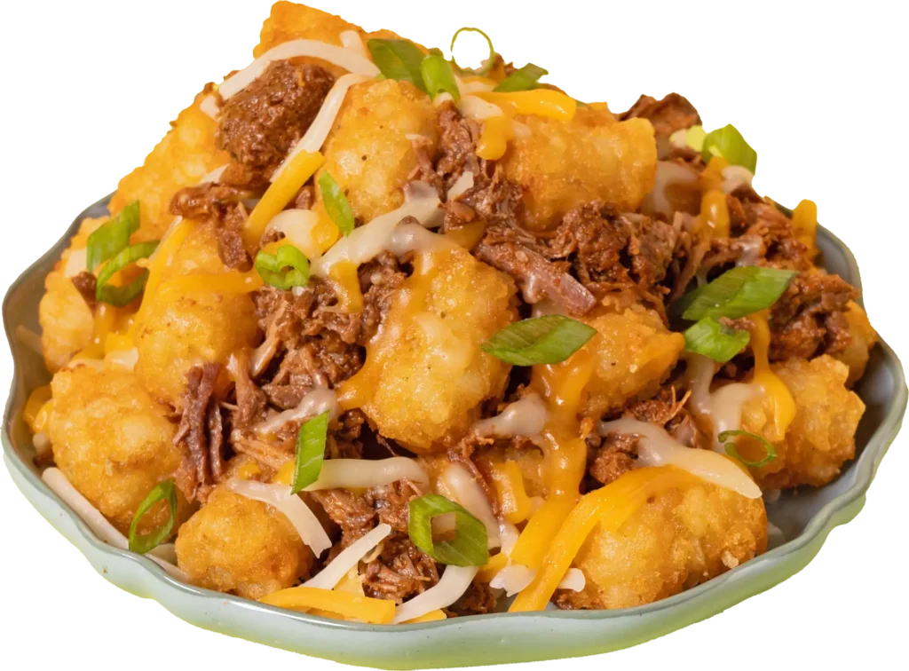 A pile of golden tater tots topped with shredded birria beef, melted cheese, and fresh green onions in a shallow bowl.