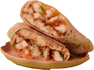 Chicken, bacon, and cheese burrito with guacamole and jalapeño ranch in a toasted flour tortilla.