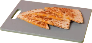 Cheese quesadilla sliced into triangles with melted cheese in a toasted flour tortilla on a cutting board.