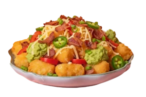 Breakfast tots topped with crumbled bacon, house blend cheese, red and jalapeño peppers, guacamole, and scallions.
